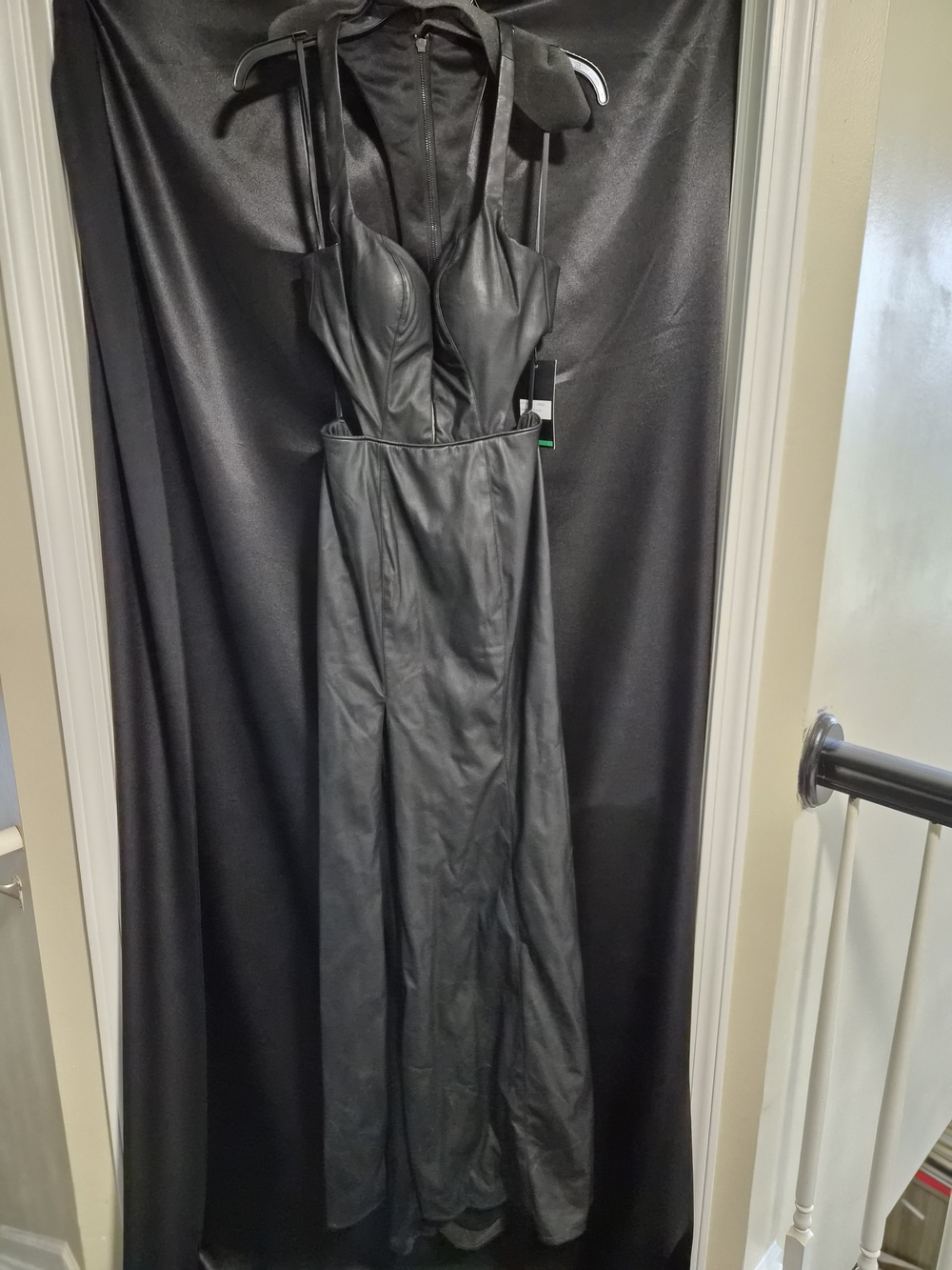 La Femme Black Faux Leather Halter Maxi Gown